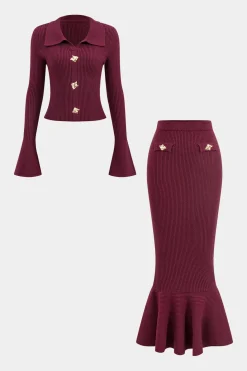 Knit Button Metallic Long-Sleeve Top And Maxi Skirt Set