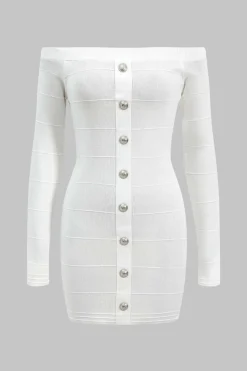 Knit Button Off Shoulder Long Sleeve Dress