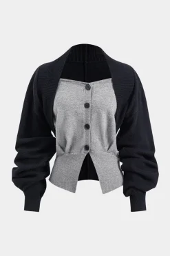 Knit Button Patchwork Long-Sleeve Top