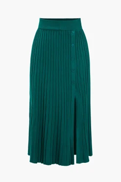 Knit Button Pleated Slit Skirt