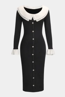 Knit Button Puff Patchwork Long-Sleeve Dress