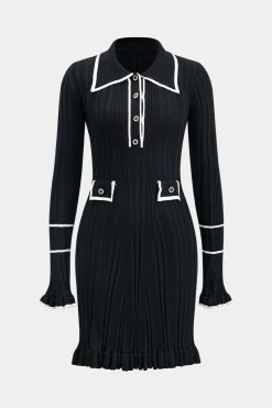 Knit Button Ruffles Bell Sleeve Mini Dress