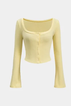 Knit Button Square Neck Bell Sleeve Top