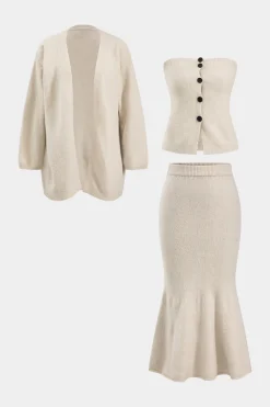 Knit Button Tank Top And Cardigan And Skirt Set
