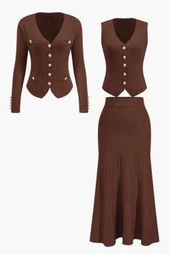 Knit Button Vest And Cardigan And Skirt Set