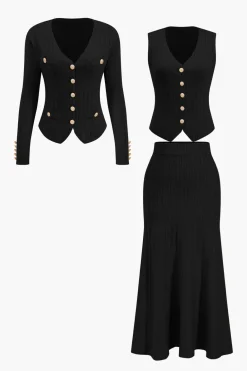Knit Button Vest And Cardigan And Skirt Set