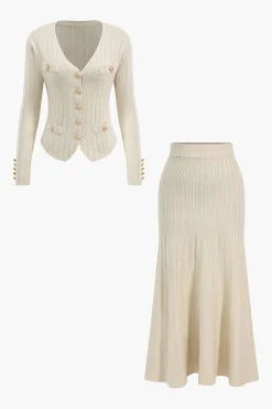 Knit Button Vest And Cardigan And Skirt Set