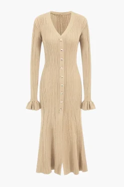 Knit Button V-Neck Dress