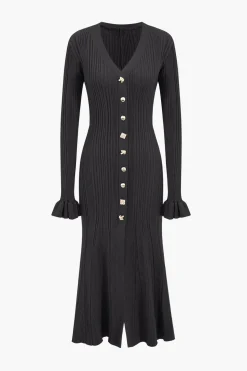 Knit Button V-Neck Dress