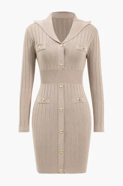 Knit Button V-Neck Hollow Out Long Sleeve Dress