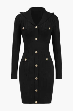 Knit Button V-Neck Hollow Out Long Sleeve Dress