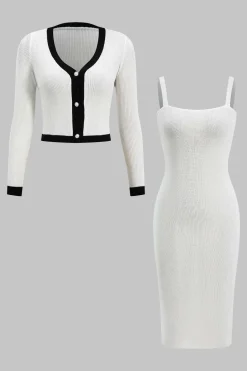 Knit Button V-Neck Patchwork Long Sleeve Cardigan And Slip Dress Set