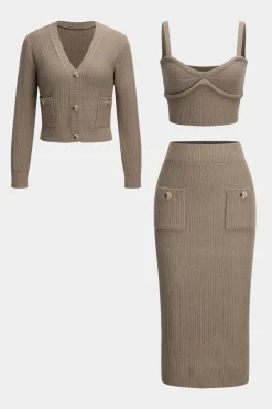 Knit Cami Top And Cardigan And Skirt Set
