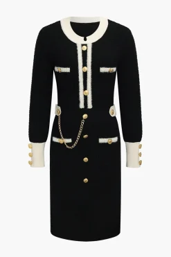 Knit Chain Button Long Sleeve Dress