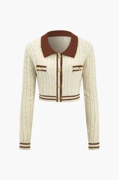 Knit Color Block Button Fake Pockets Long-Sleeve Top