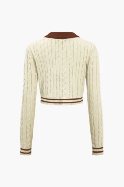Knit Color Block Button Fake Pockets Long-Sleeve Top