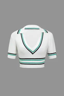 Knit Color Block V-neck Short-Sleeve Top