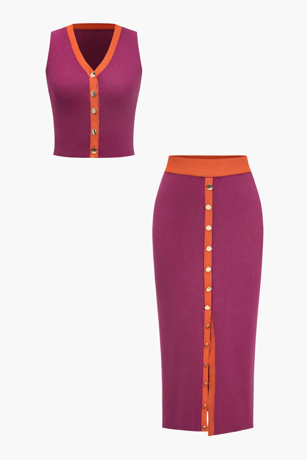 Knit Color-Block Button Tank Top And Skirt Set