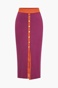 Knit Color-Block Button Tank Top And Skirt Set