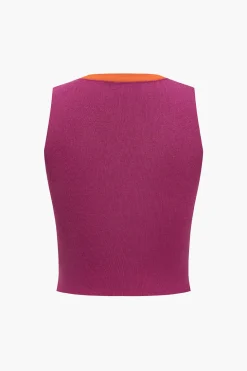 Knit Color-Block Button Tank Top And Skirt Set