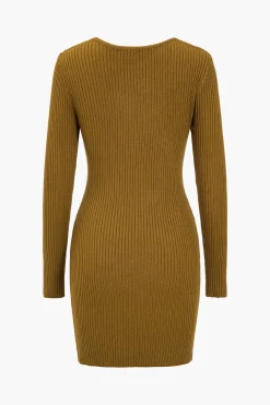 Knit Cut Out Twist Knot V-Neck Long Sleeve Dress