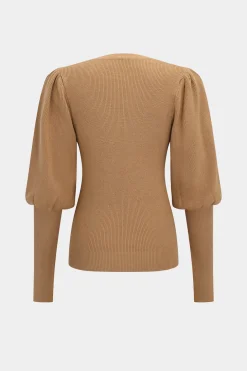 Knit Gold Button Gigot Sleeve Long-Sleeve Top