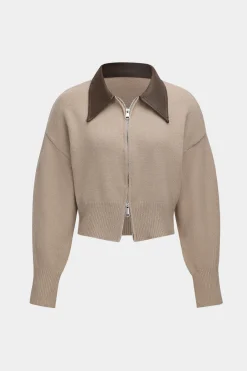 Knit Leather Patchwork Zipper Cardigan