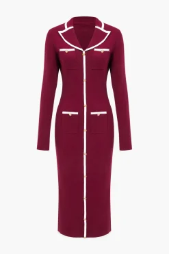Knit Long Sleeve Button Pocket Dress