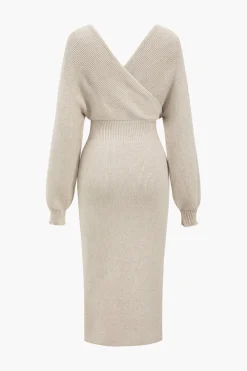 Knit Long Sleeve V-Neck Slit Dress