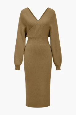 Knit Long Sleeve V-Neck Slit Dress