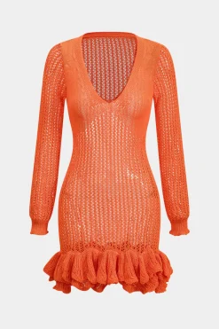 Knit Mesh Scallop Edge Long Sleeve Dress