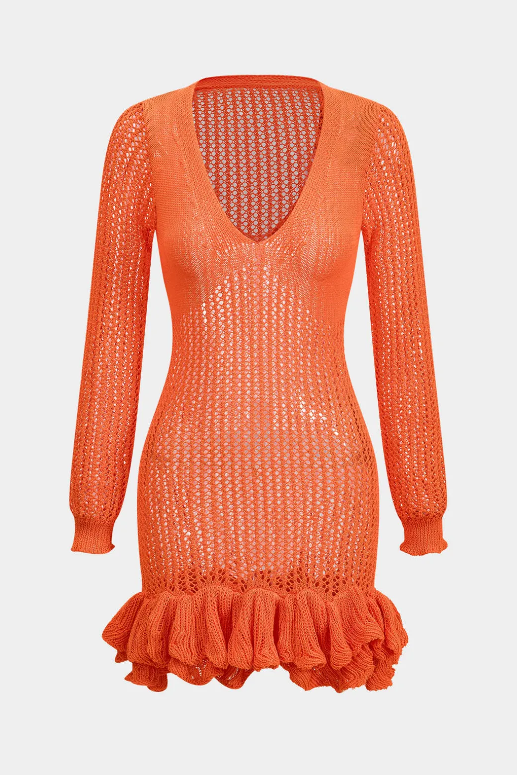 Knit Mesh Scallop Edge Long Sleeve Dress