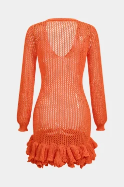 Knit Mesh Scallop Edge Long Sleeve Dress