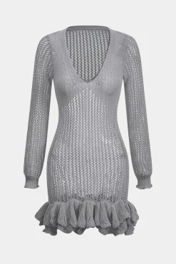 Knit Mesh Scallop Edge Long Sleeve Dress
