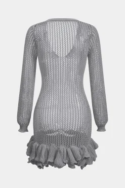Knit Mesh Scallop Edge Long Sleeve Dress