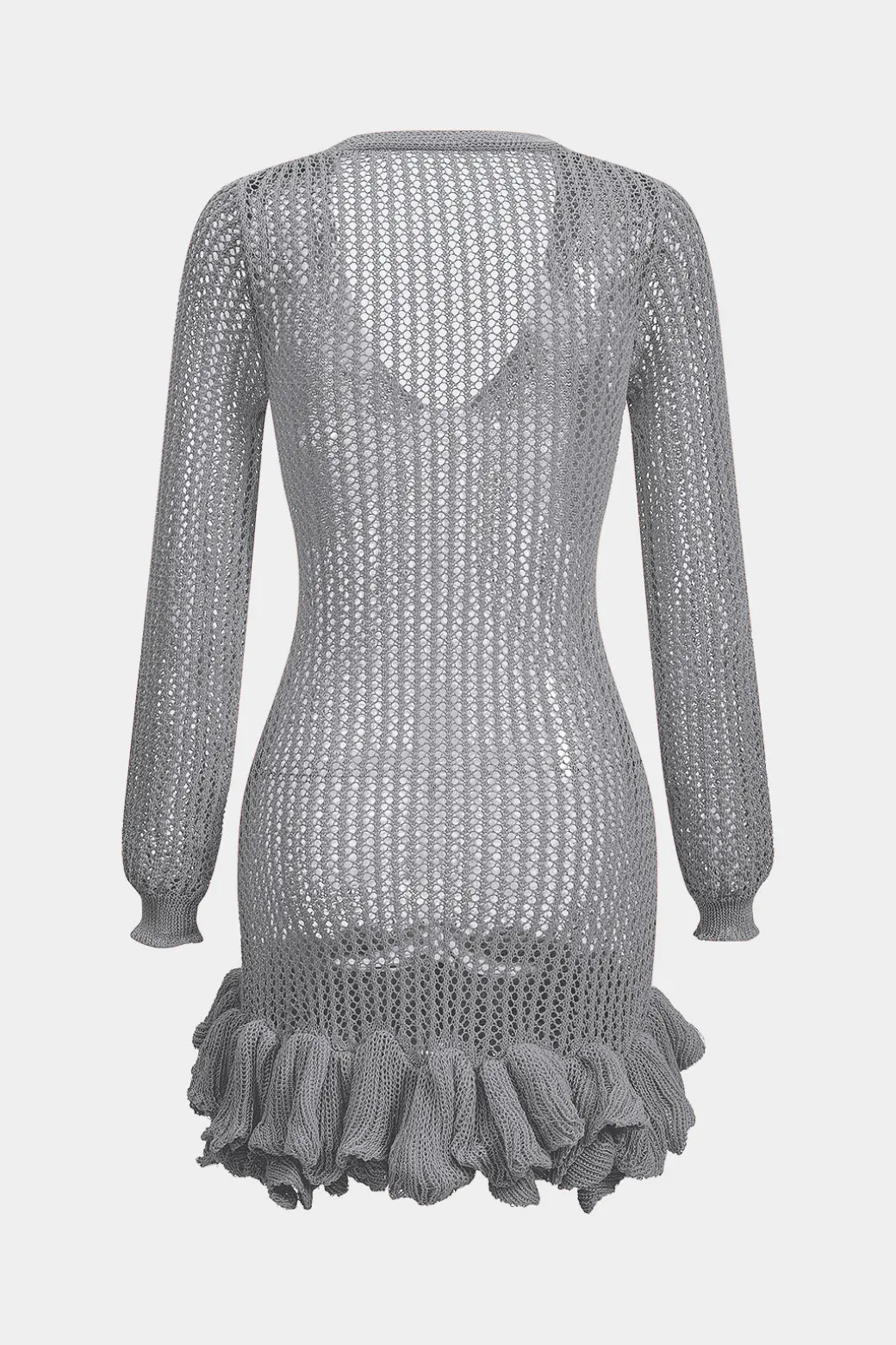Knit Mesh Scallop Edge Long Sleeve Dress
