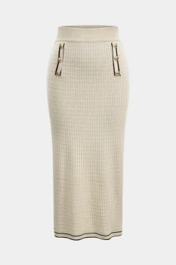 Knit Metallic Button Fake Pocket Long-Sleeve Top And Skirt Set