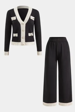 Knit Metallic Button Pocket Top And Pants Set