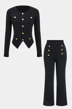 Knit Metallic Button Pocket Top And Trousers Set