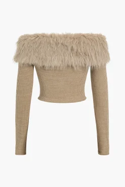 Knit Off Shoulder Patchwork Faux Fur Long-Sleeve Top