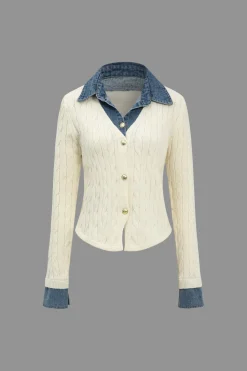 Knit Patchwork Denim Long-Sleeve Top