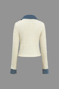 Knit Patchwork Denim Long-Sleeve Top