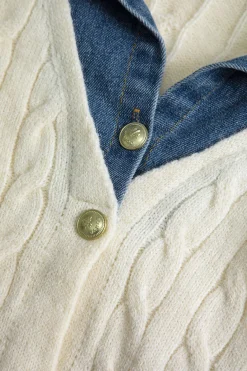 Knit Patchwork Denim Long-Sleeve Top