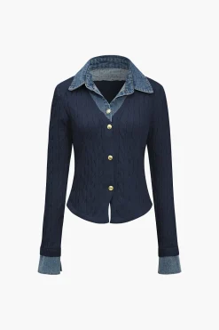 Knit Patchwork Denim Long-Sleeve Top