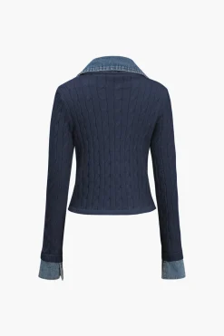 Knit Patchwork Denim Long-Sleeve Top
