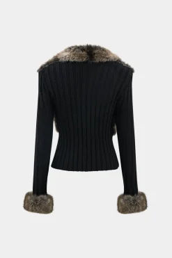 Knit Patchwork Faux Fur Collar Long-Sleeve Cardigan