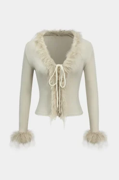 Knit Patchwork Faux Fur Tie-Up Long-Sleeve Top
