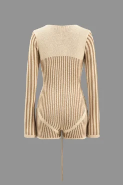 Knit Patchwork Tie-Up V-Neck Long Sleeve Romper