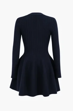 Knit Puff Hem Long Sleeve V-neck Dress