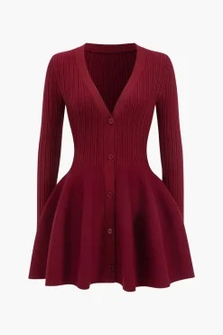 Knit Puff Hem Long Sleeve V-neck Dress